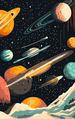 Poster - Vibrant Minimalist Galaxy with Planets and Stars in Vector Art Style