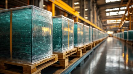 Aufkleber - Rows of large glass panels are neatly stacked on wooden pallets within a spacious manufacturing facility.