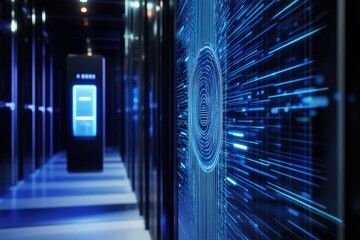 Poster - Modern data center with vibrant blue lights illuminating sleek technology components