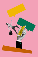 Poster - Creative picture collage of young girl running on screen gadget with sms text box