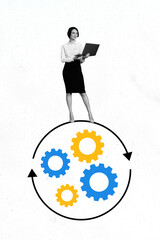 Aufkleber - Sketch contemporary photo collage of happy businesswoman stand gearwheel optimization arrow pointer surf laptop programming