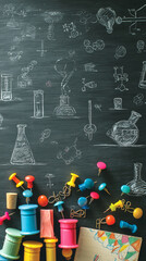 Poster - Dark chalkboard background with science-themed drawings and colorful pushpins, thumbtacks, and paper clips scattered below, suggesting creativity and brainstorming