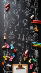 Poster - Blackboard with chalk drawings of lightbulbs, beakers, and scientific equipment. Colorful binder clips and crayons are scattered around a clipboard, suggesting creativity and brainstorming