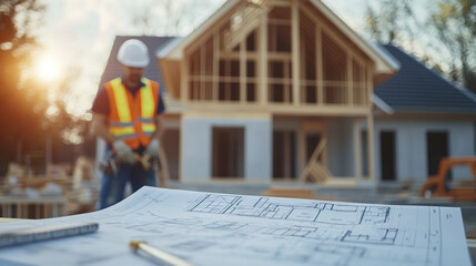 Poster - Construction project with house frame and blueprints in foreground