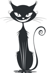  Stylized black silhouette of a cartoon cat with a mischievous smile and curly tail.