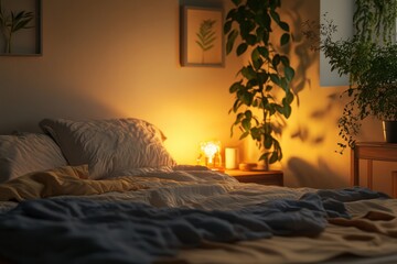 Poster - Cozy bedroom at night with warm lighting and lush greenery creating a peaceful atmosphere