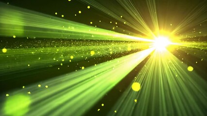 Poster - Radiant beam of light emanating outwards, creating vibrant green streaks and floating particles in dark space, optical illusion