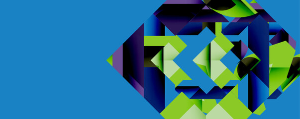 Fototapete - Bright geometric shapes, vibrant green, purple, blue. Abstract design, modern style, dynamic composition. Clean lines, bold colors, digital art.