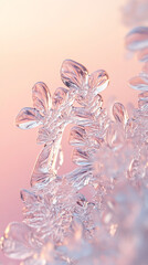 Poster - Close-up of delicate ice crystals, showcasing intricate, transparent structure against a soft pink backdrop.  Symbolizes winter, fragility, and natural beauty