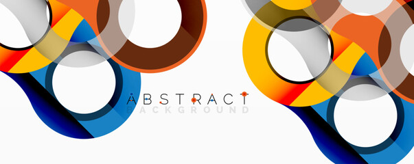 Poster - Bright overlapping circles create dynamic composition. Orange, blue, brown, white tones blend. Modern design, abstract shapes, smooth gradients.