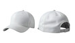 © Vadim  - White unadorned baseball cap showcased in a minimalistic setup, front and back perspectives.