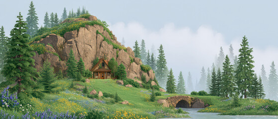 Wall Mural - A small cabin is nestled in a lush green valley, surrounded by trees and a river