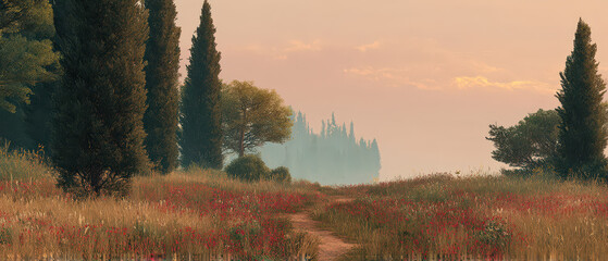 Wall Mural - A beautiful landscape with a path through a field of red flowers