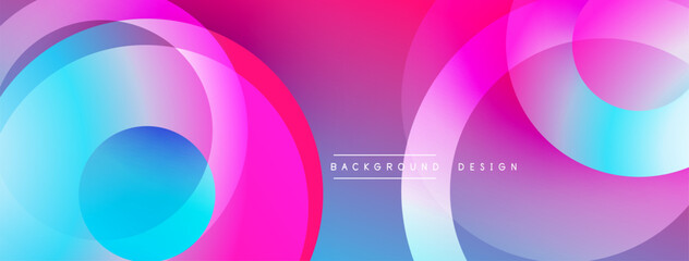 Poster - Abstract vibrant circles overlap creating dynamic colorful background. Smooth gradients blend pinks blues purples. Modern design element.