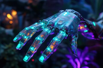 Poster - Futuristic robotic hand with illuminated design showcasing advanced technology at night