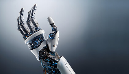 Poster - A futuristic robotic hand extends, showcasing intricate mechanical details and a sleek metallic finish against a soft gradient background
