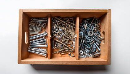 Aufkleber - A wooden tray filled with assorted metallic screws, nuts, and bolts, organized into compartments for easy access