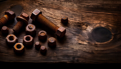 Poster - Rusty bolts and nuts scattered on a textured wooden surface create an industrial and rustic aesthetic