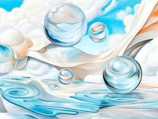 Poster - surreal floating glass spheres over abstract blue water with flowing fabric and soft clouds in the s