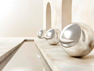 Poster - minimalist architectural scene with three reflective metallic spheres on a beige stone surface besid