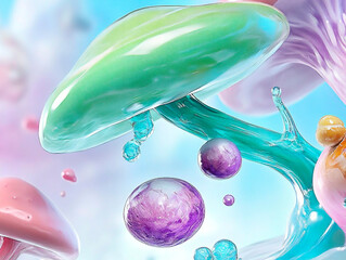 Poster - abstract composition of glossy organic shapes in green, purple, and blue hues, featuring fluid textu