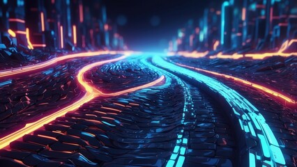 A futuristic, curving digital road composed of glowing blue binary code on a dark background