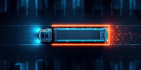 Poster - An overhead view showcases a futuristic glowing semi-truck in transit on a dark road, emitting a dynamic light trail.