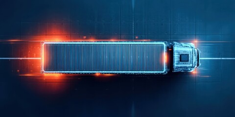 Poster - An overhead view of a futuristic semi-truck traveling along a road, radiating energy with high-tech outlines.