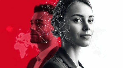 Poster - A conceptual image featuring two business people, with a network overlay, suggesting connectivity, and teamwork in a modern context.
