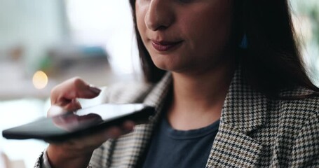 Poster - Office, business woman and speaker with mobile for talking, networking or leave message for contact. Closeup, mouth or female consultant with phone for application, voice note or recording discussion
