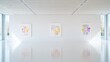 © MAKASIHMAS SIDNEY - Modern art exhibition hall with abstract paintings.  Empty gallery space showcasing three vibrant, colorful abstract canvases. Sunlight streams into the clean, bright, minimalist exhibition