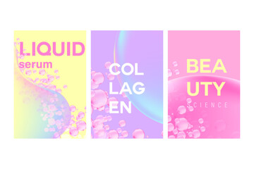 Naklejka na meble Aesthetic iridescent glowing liquid bubbles texture poster set with serum fluid molecule cosmetics design. Nude pink, light yellow background with copy space. Beauty science, skin care, cosmetology