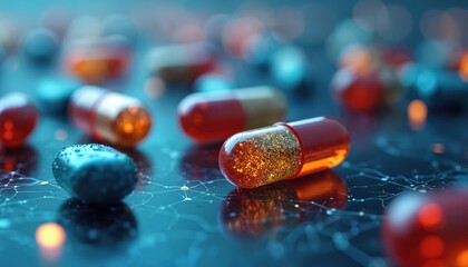 Poster - AI drug discovery concept. Pharmaceutical pills, capsules, medicine production. Automated robotic process in lab, advanced tech, futuristic medical healthcare, science innovation.