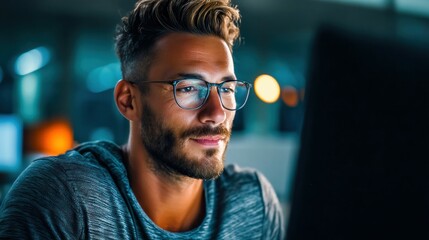 Poster - A focused man with glasses, illuminated by his monitor's glow, concentrates intently in a dimly lit office environment.