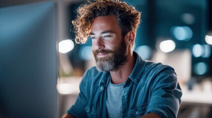 Poster - A man with a stylish beard and curly hair smiles while working on a computer in a dimly lit room. He appears focused and engaged.
