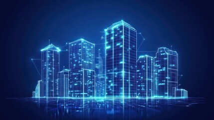Poster - Futuristic city skyline with glowing buildings and digital elements