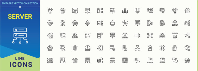 Poster - Server vector icon set. Featuring network, compute, hosting, data, cloud, storage, internet and more. Minimalist icons collection. Computer icon. Vector illustration in modern line style.