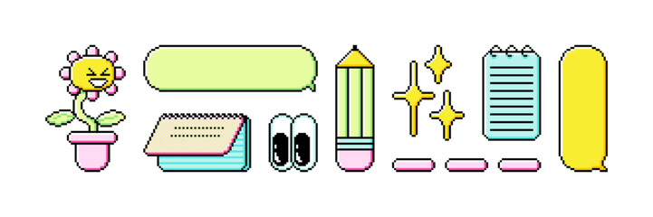 Fototapete - Set of pixel art dialogue box and retro game style elements. Speech bubbles in the mood of 90's aesthetics. Vector 8-bit pixelated style illustration