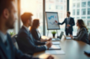 Poster - Blurred image business meeting. Speaker presents financial charts. Team discusses company valuation in office. Investment report analysis budget portfolio management with employees.