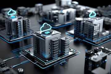 Poster - The internet facilitates the transfer of large amounts of data through cloud computing, representing a futuristic digital technology and stock