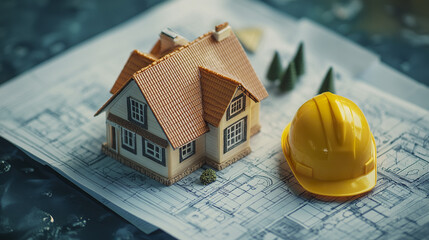 Poster - Miniature house on architectural blueprint with yellow hard hat