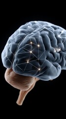 Poster - Blue polygon brain logo and digital ai assistant icons interconnected through rotating line connections on a grid mesh set against a futuristic abstract background technology concept