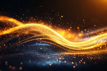 Poster - Vibrant golden waves of light flowing across a dark background in a digital abstract design