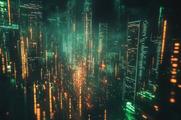 Poster - Futuristic cityscape at night with glowing skyscrapers and digital data streams