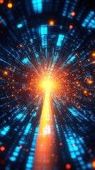 Poster - abstract digital tunnel with vibrant lights and glowing particles