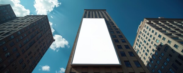 Poster - Blank white billboard high on building exterior against blue sky background. Empty space for advertisement or promotion. Mockup commercial display for marketing announcements.