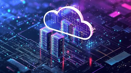 Poster - Digital data cloud technology and server towers interconnected by circuit boards, representing network computing power and IT solutions