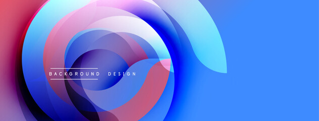 Poster - Abstract design. Overlapping circles create dynamic composition. Blue gradient background with red, purple accents. Modern aesthetic, clean lines.