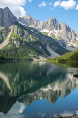 Poster - Environmental awareness day. Serene lake reflecting majestic mountains under a clear blue sky.