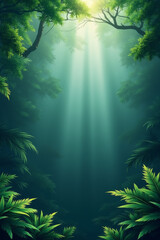 Poster - Environmental awareness day. Sunlight streams through a lush forest canopy onto vibrant greenery.